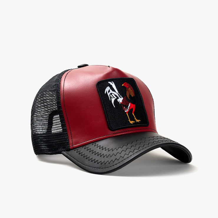 Rooster Black/Red Leather Trucker Hat