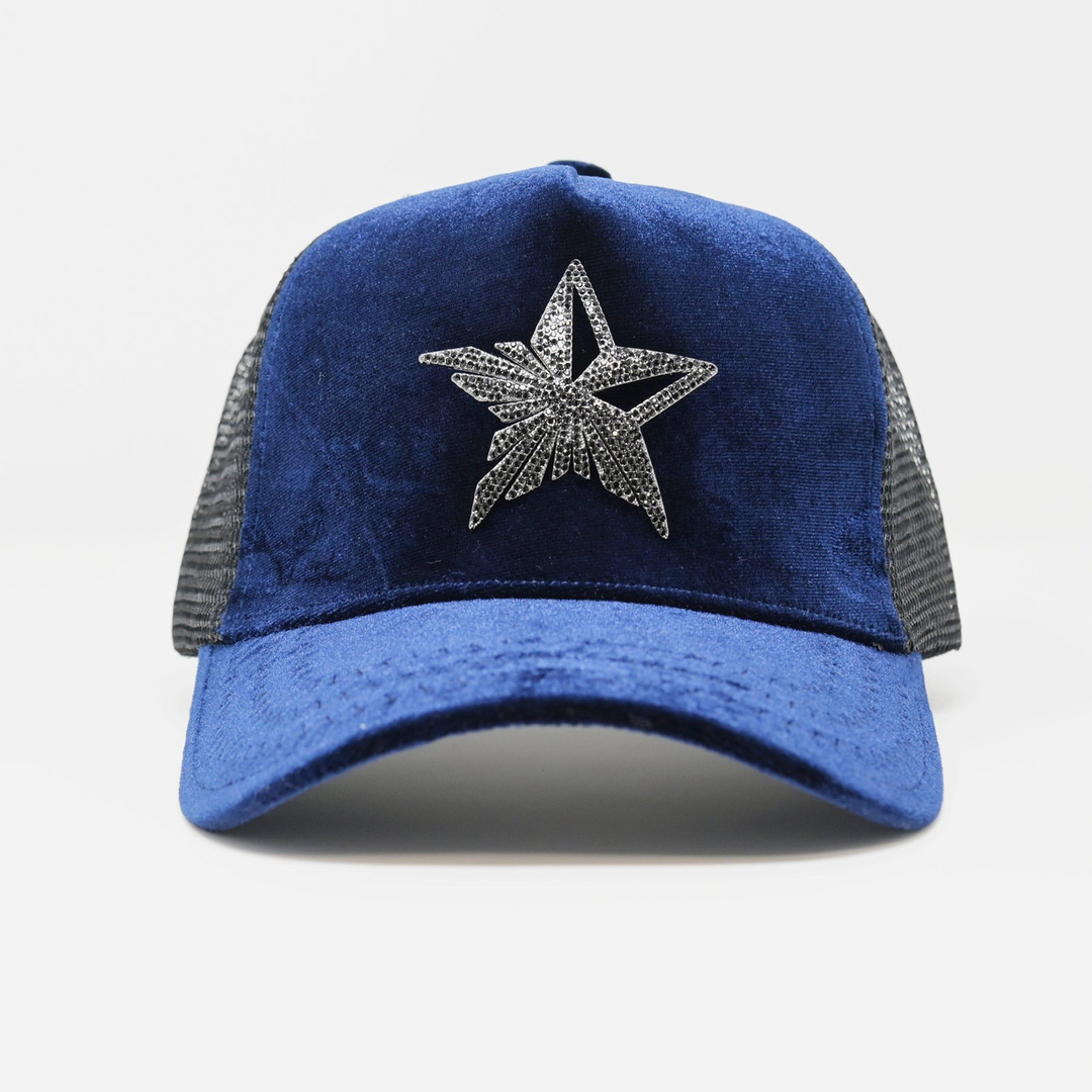 Star rhinestone Logo Royal Blue Velvet trucker Hat – Gold Star display picture 2