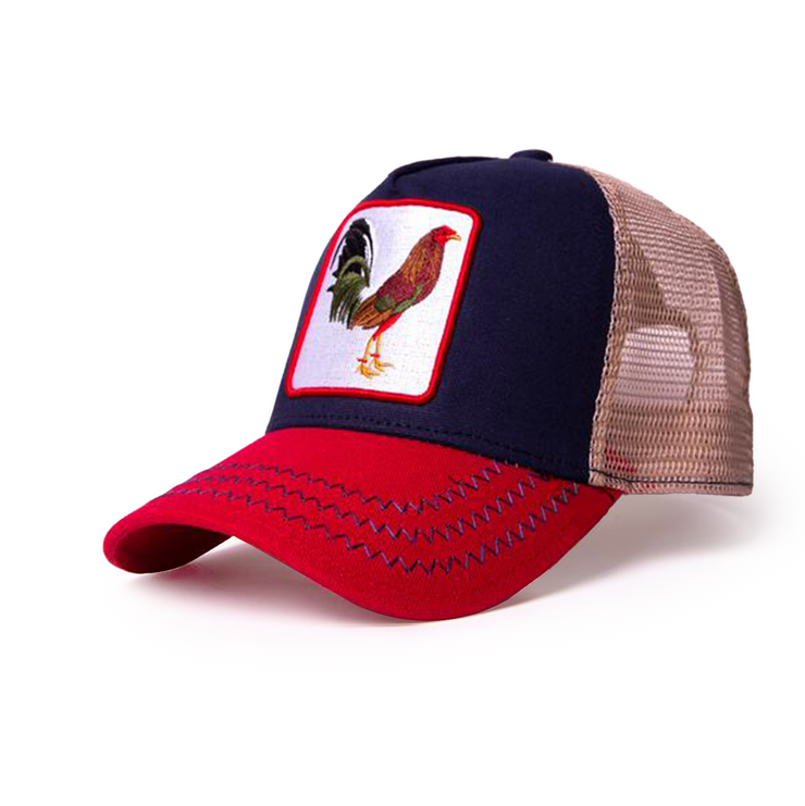 New Rooster 3 tone Trucker Hat Red/Navy/Beige