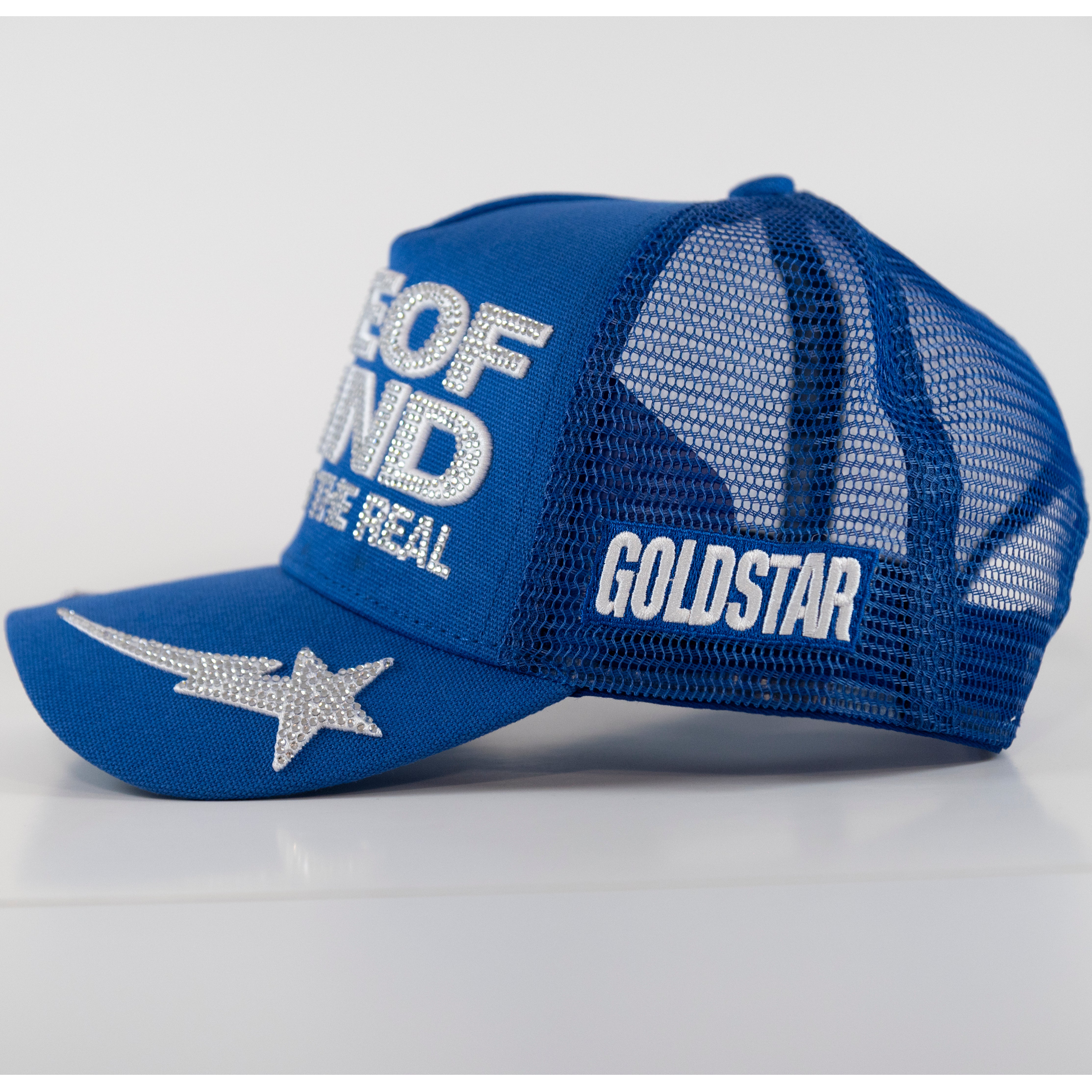Embellished women’s  custom Trucker Hat - Blue & White with Gold Stars Custom Number Trucker Hat – Checkered Star Boutique main image 3