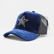 Gold Star Hat - Star rhinestone Logo Velvet trucker hat cap Royal blue unisex