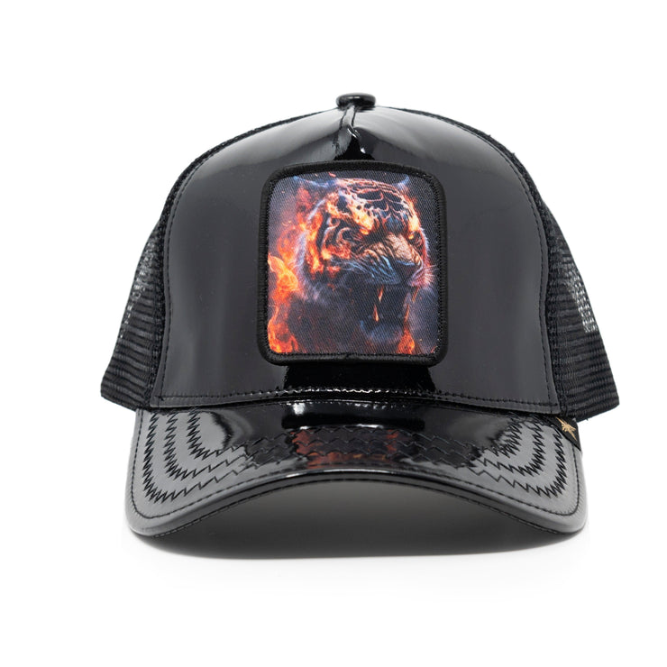 Gold Star Hat -  Tiger Shine Faux Leather black Trucker hat