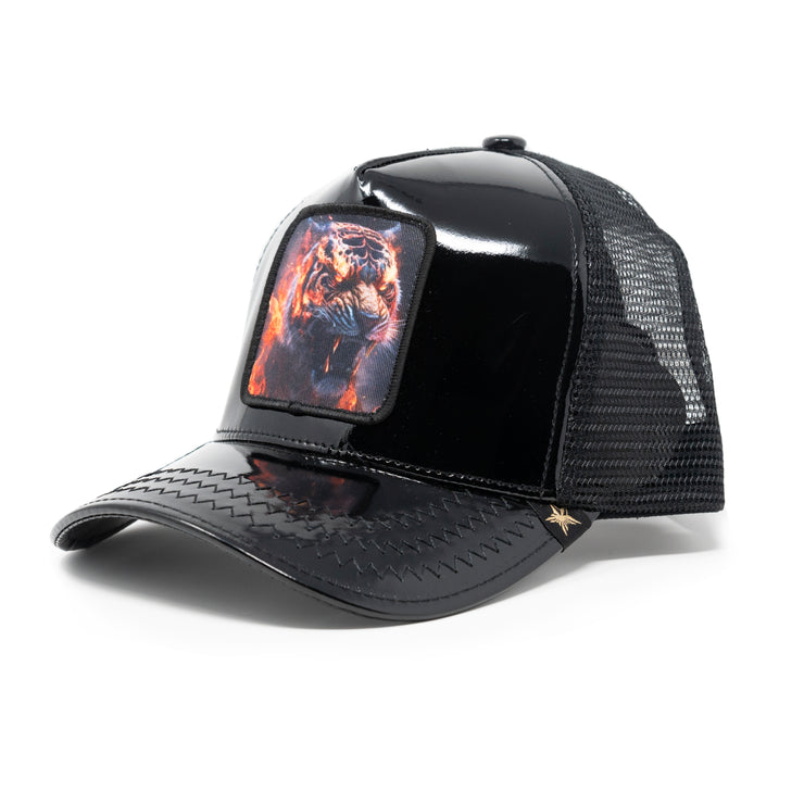 Gold Star Hat -  Tiger Shine Faux Leather black Trucker hat