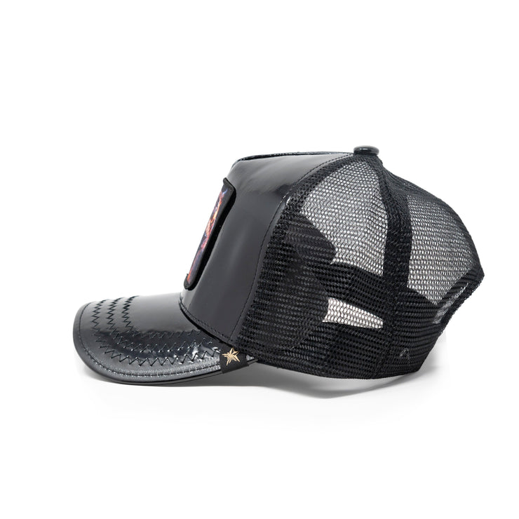Gold Star Hat -  Tiger Shine Faux Leather black Trucker hat