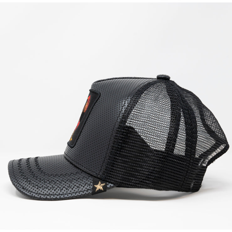 Gold Star Hat - New Rooster Black Faux Leather Trucker Hat