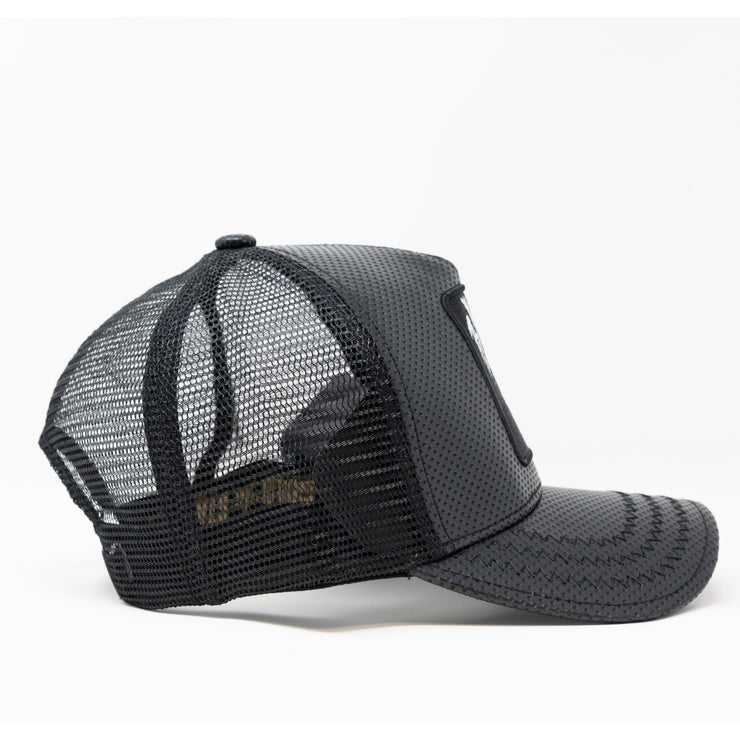 Gold Star Hat - New Rooster Black Faux Leather Trucker Hat