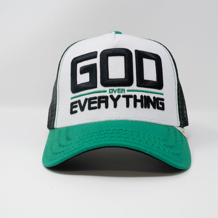 Gold Star Hat - "God Over Everything" Trucker hat white/green unisex